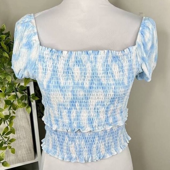 Lush Tops - LUSH Blue and White Swirl Smocked Short Sleeve Crop Top